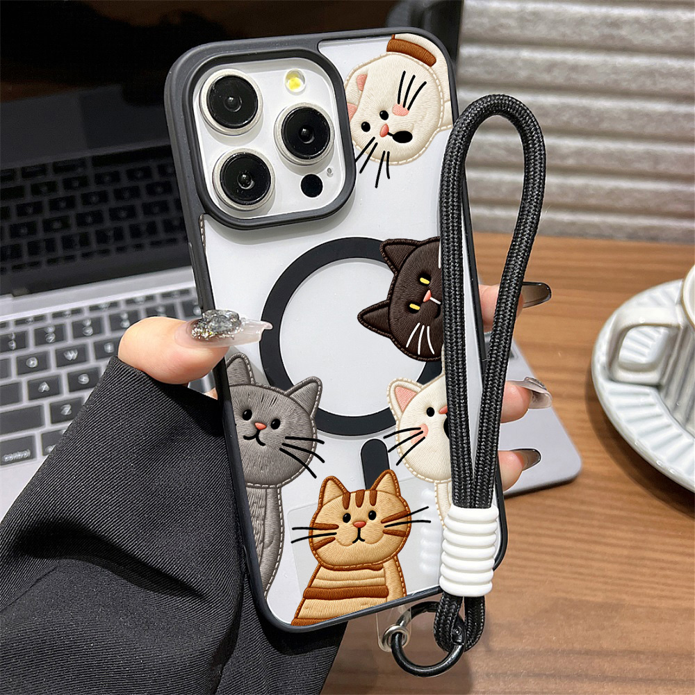Phone Cases Protective - Cute Faux Embroidery Cat Phone Case